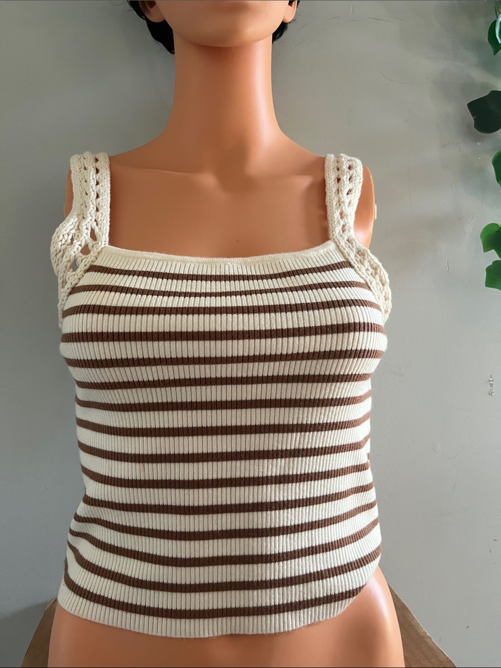 aerie Cream & Brown Striped Crochet-strap Rib Tank